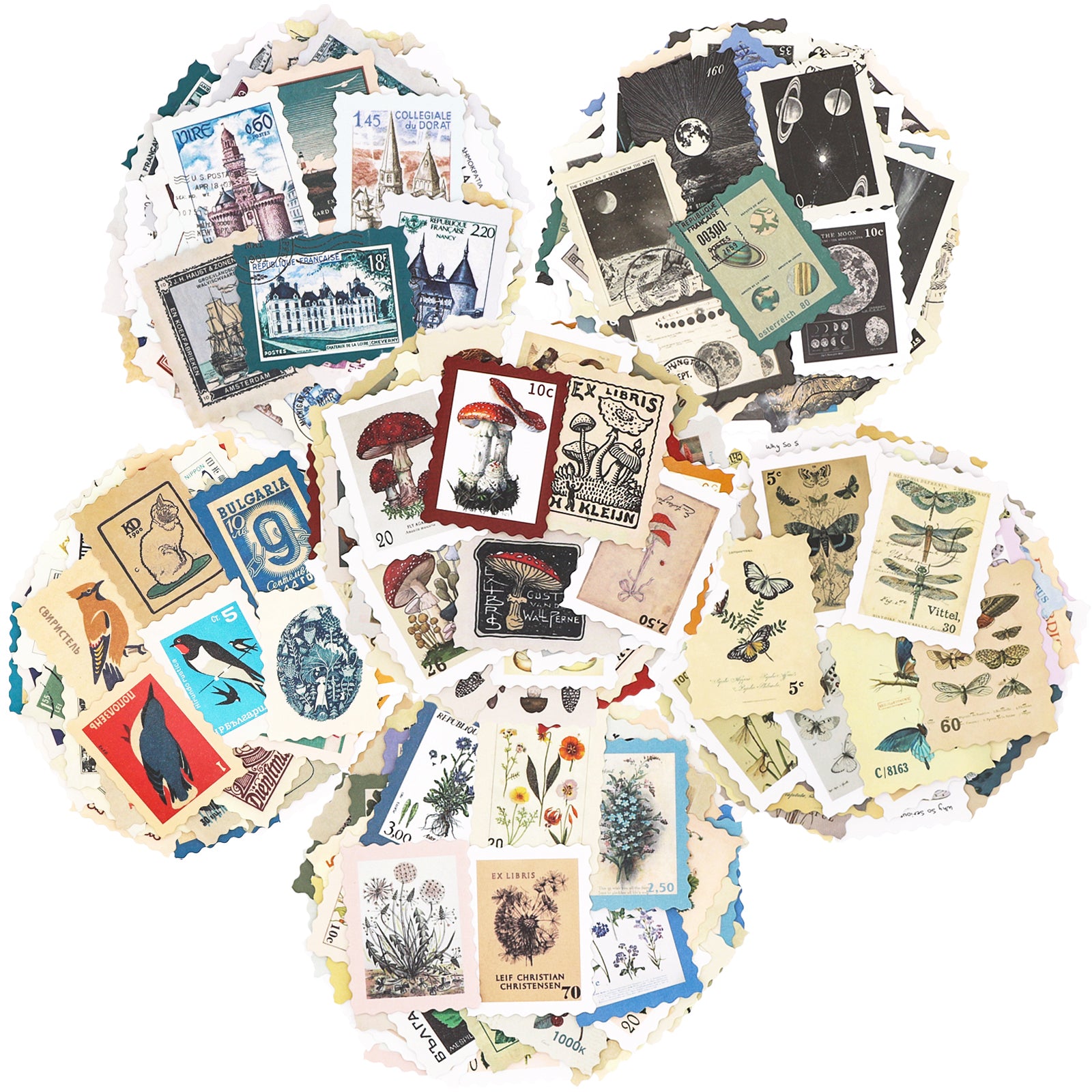 Postage Stamps Stickers Set for Journaling (6 Packs 288 Pieces) - Vintage Aesthetic Botanical Astronomy Retro Deco Sticker for Bullet Journal,Junk