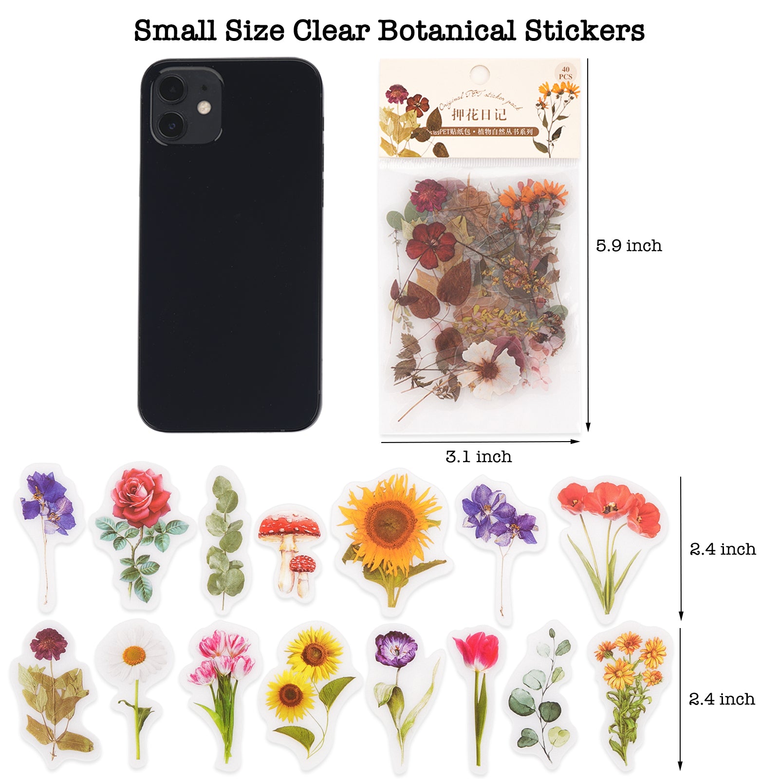 Knaid Botanical Stickers Set (320 Pieces) Pressed Flower Resin Decals