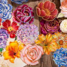 Load image into Gallery viewer, Knaid 80 Pieces Large Size Flower Stickers with Gold Holographic Outlines and Vibrant Colors, Glitter Shiny Floral Waterproof Decorative Decals for Scrapbooking Supplies Junk Journal Bullet Journals Planners Resin Laptops Water Bottles Paper Crafts
