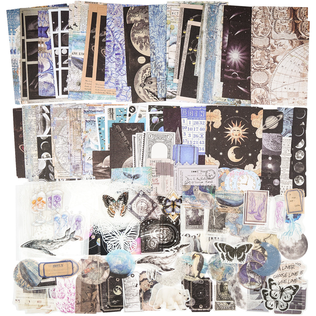Knaid 200 Pieces Vintage Ephemera Bundle Junk Journal Kit Scrapbook Supplies Paper Sticker Material Pack for Art Journaling Bullet Journals Planners Collage Craft Notebooks Decoupage Album Crafter Gifts (Black & Blue)