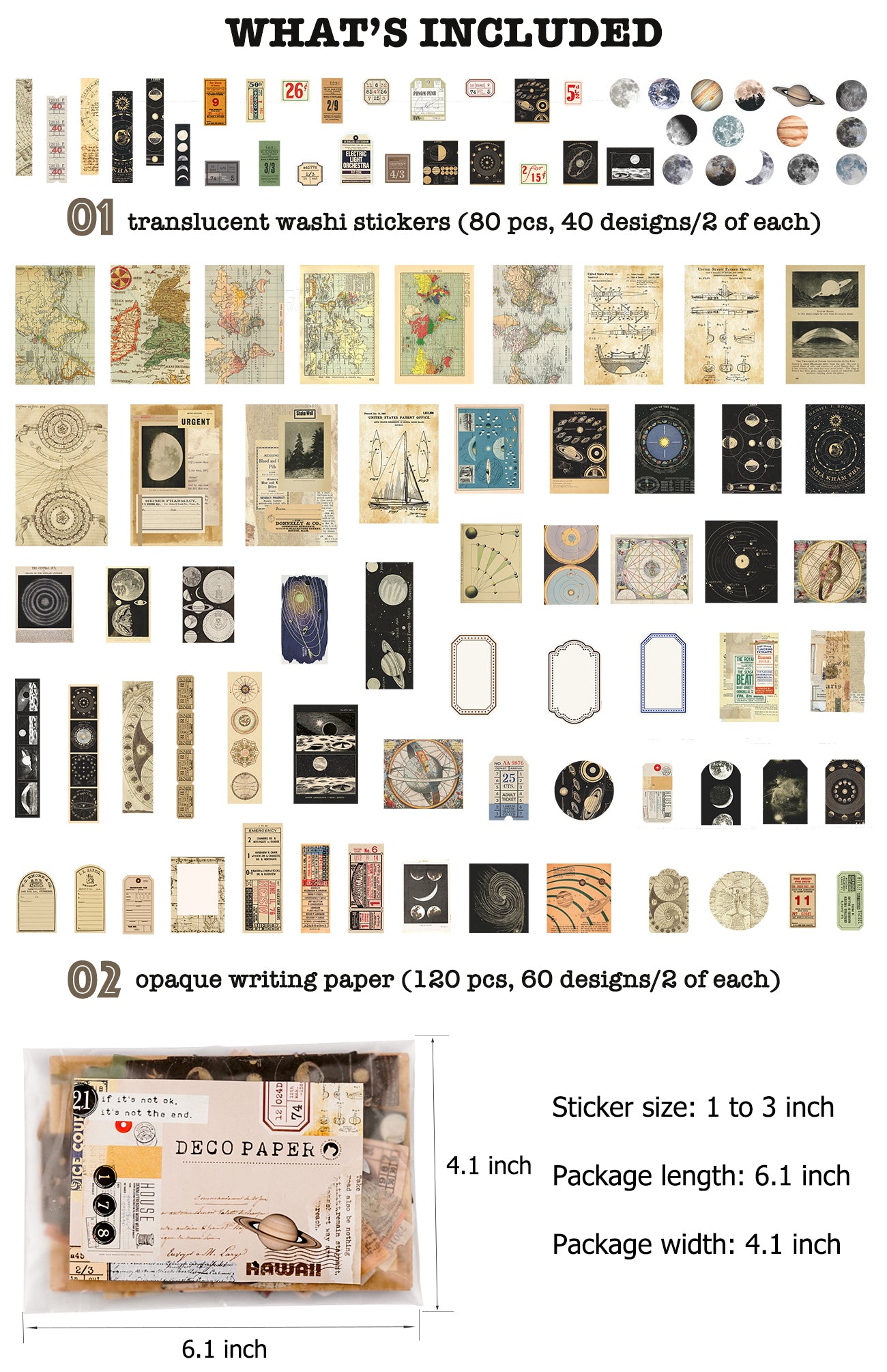 Vintage Scrapbook Supplies Pack 200 Pieces, Paper & Stickers, Retro