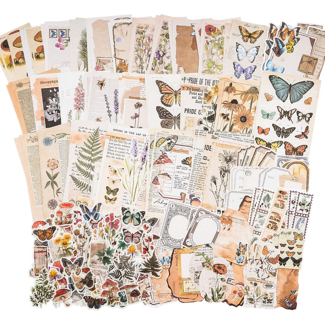 Knaid Vintage Scrapbook Supplies Pack (200 Pieces) for Art Journaling Bullet Junk Journal Planners DIY Paper Stickers Craft Kits Notebook Collage Album Aesthetic Cottagecore Picture Frames (Nature)