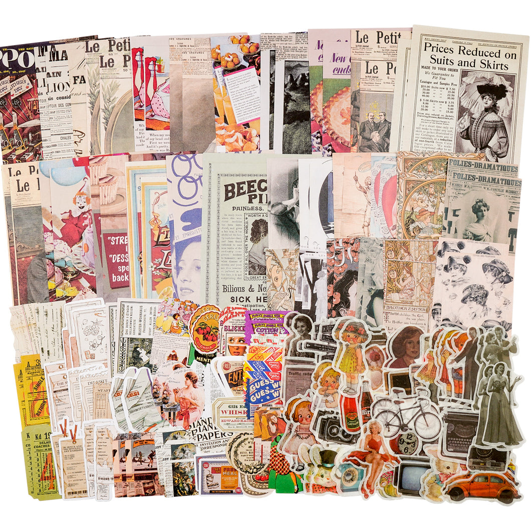 UNIQUE! 200pc Mixed Lot~Vtg Junk Journal Scrapbook Collage~Paper,Stickers, Tags++