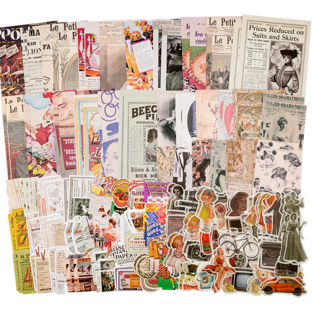 Knaid Vintage Scrapbook Supplies Pack (200 Pieces) for Art Journaling Bullet Junk Journal Planners DIY Paper Stickers Craft Kits Notebook Collage Album Aesthetic Cottagecore Picture Frames (Retro)